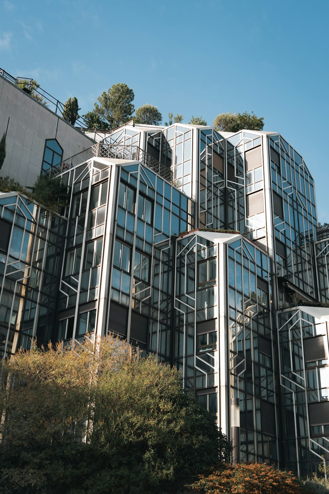 Modern glass building with unique geometric design